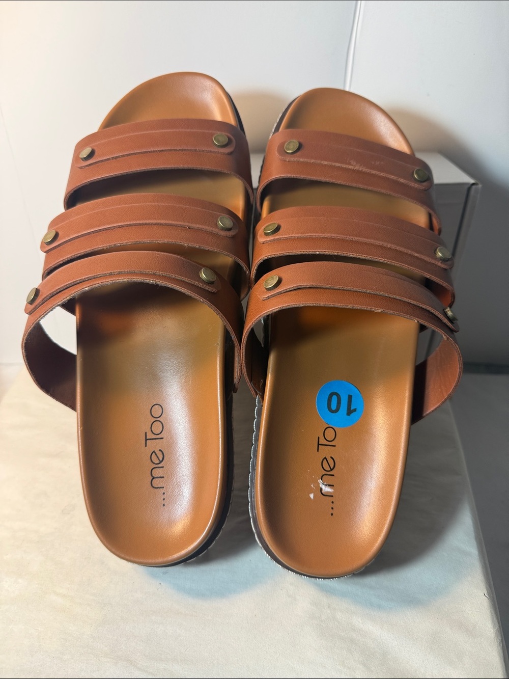 me too Men’s Tan Triple-Strap Slide Sandals with Stud Details